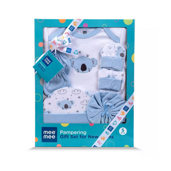 Mee Mee Pampering Gift Set For New Born Baby | Soft Cotton Clothing Essentials for Infants/Baby Girls, Boys | (5 Pieces) Rectangular Shape Gift Box For Kids | 0+Months