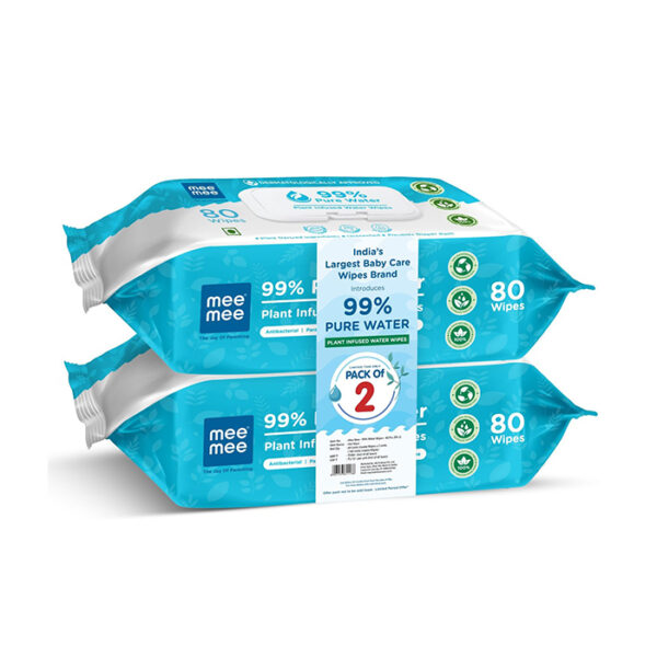 Mee Mee Pure Water Wet Wipes with Lid 80 pcs × 2 (160 Pcs)– Unscented, Plant Derived, Super Thick Baby Wet pure Wipes