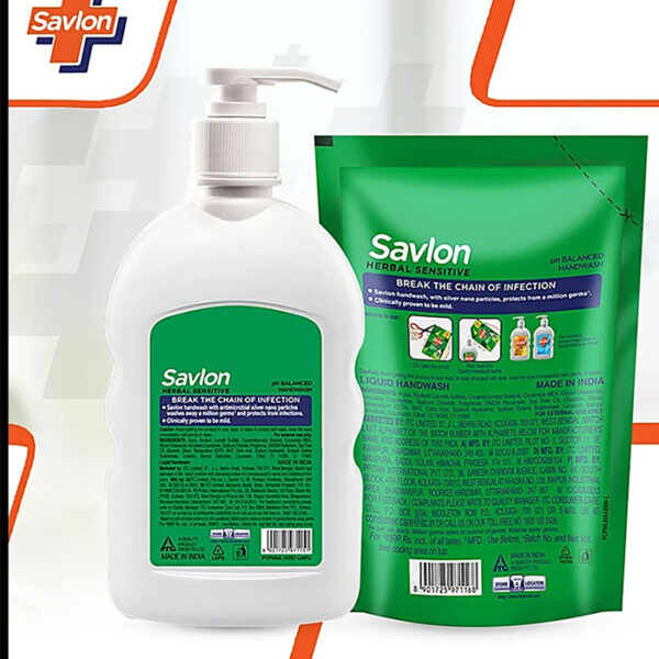 Savlon Herbal Sensitive Germ Protection Handwash - Protects From Million Germs, Pump & Refill, 375 ml