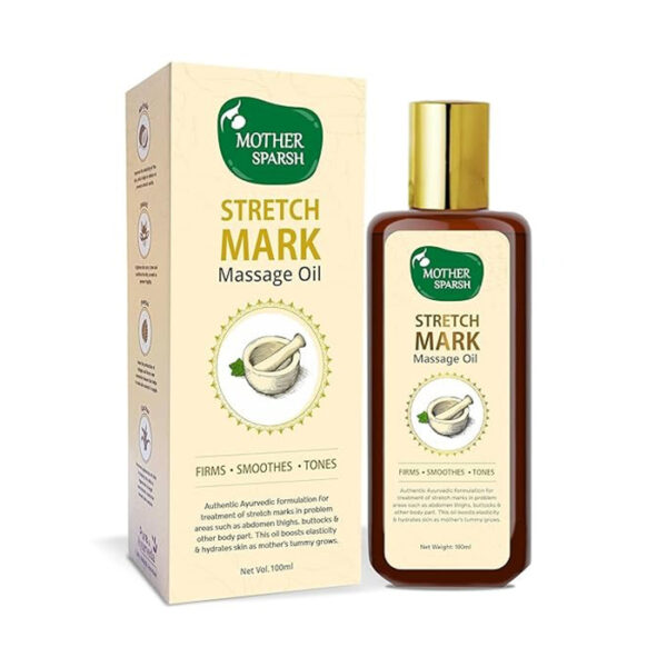 Mother Sparsh Stretch Mark Massage Oil with Peepal Leaf, Kachur, Jiwanti & Coconut | Lightens Stretch Marks | Tones & Firms Skin | Non Sticky Formulation - 100ml