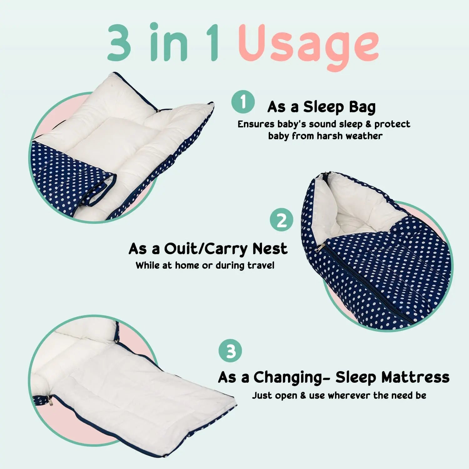 BAYBEE 3 in 1 Baby's Cotton Bed Cum Carry Bed, Printed Baby Sleeping Bag-Baby Bed - Image 3