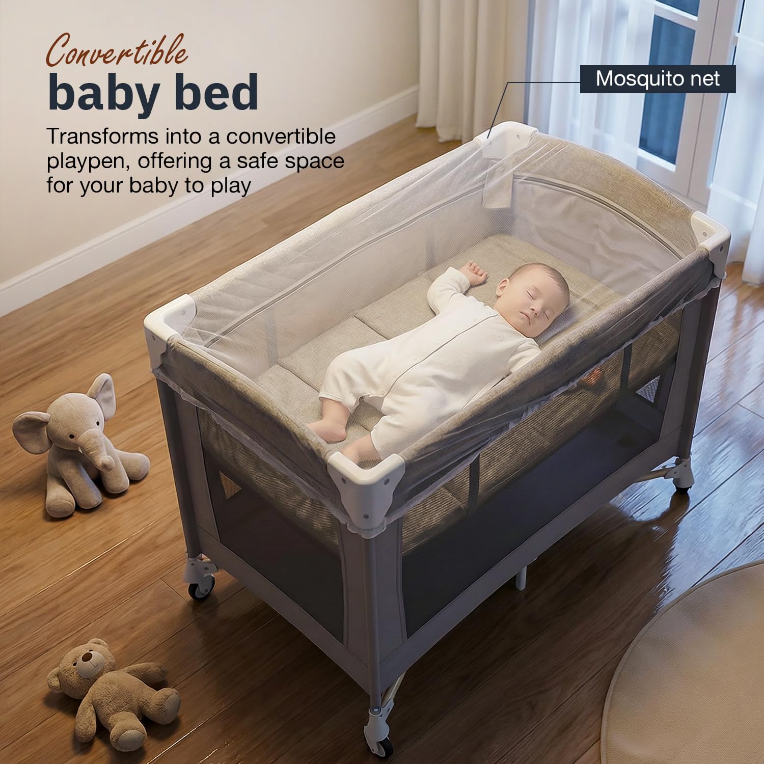 Baybee 3 IN 1 Baby Bedside Crib with Playpen for Babies - Image 3