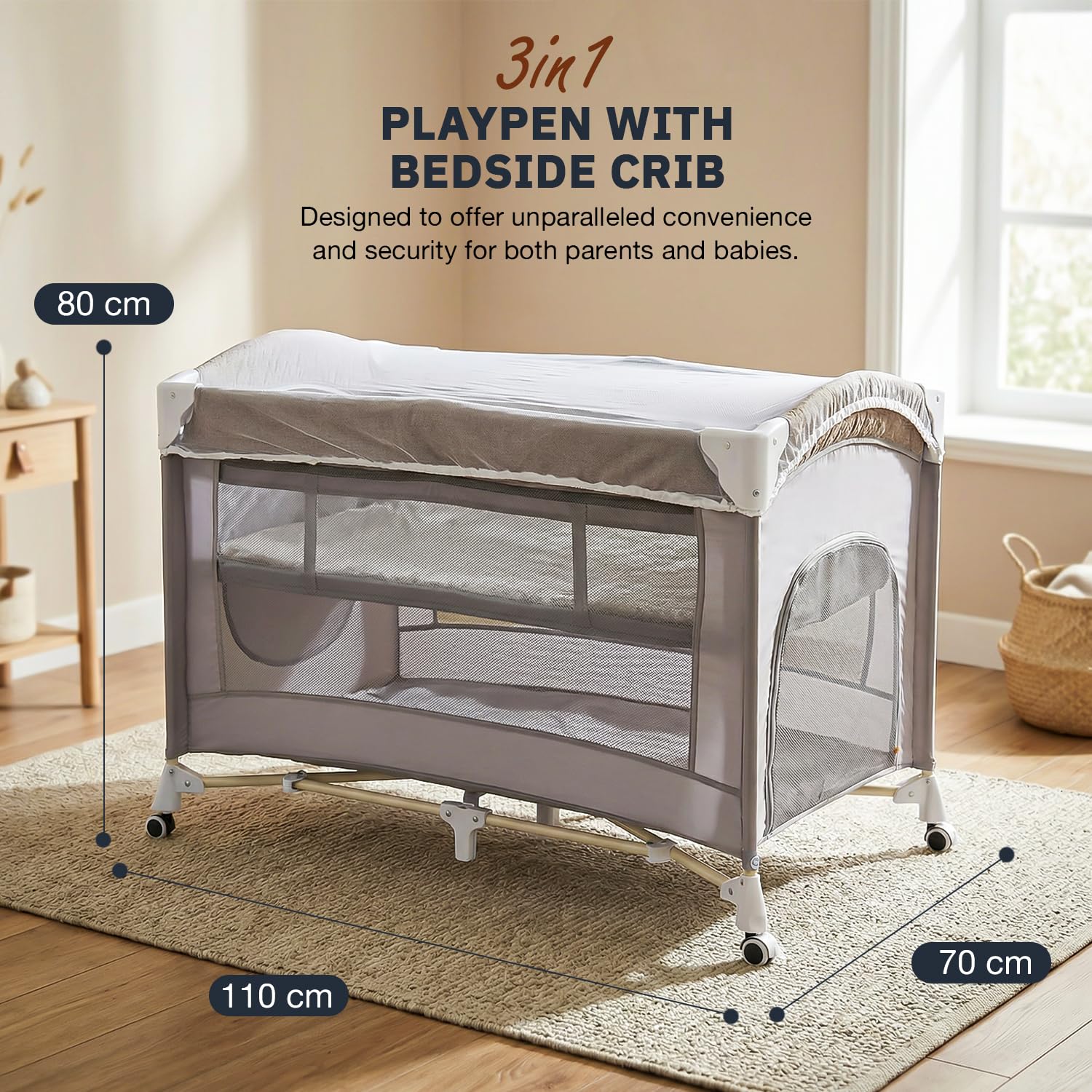 Baybee 3 IN 1 Baby Bedside Crib with Playpen for Babies - Image 7