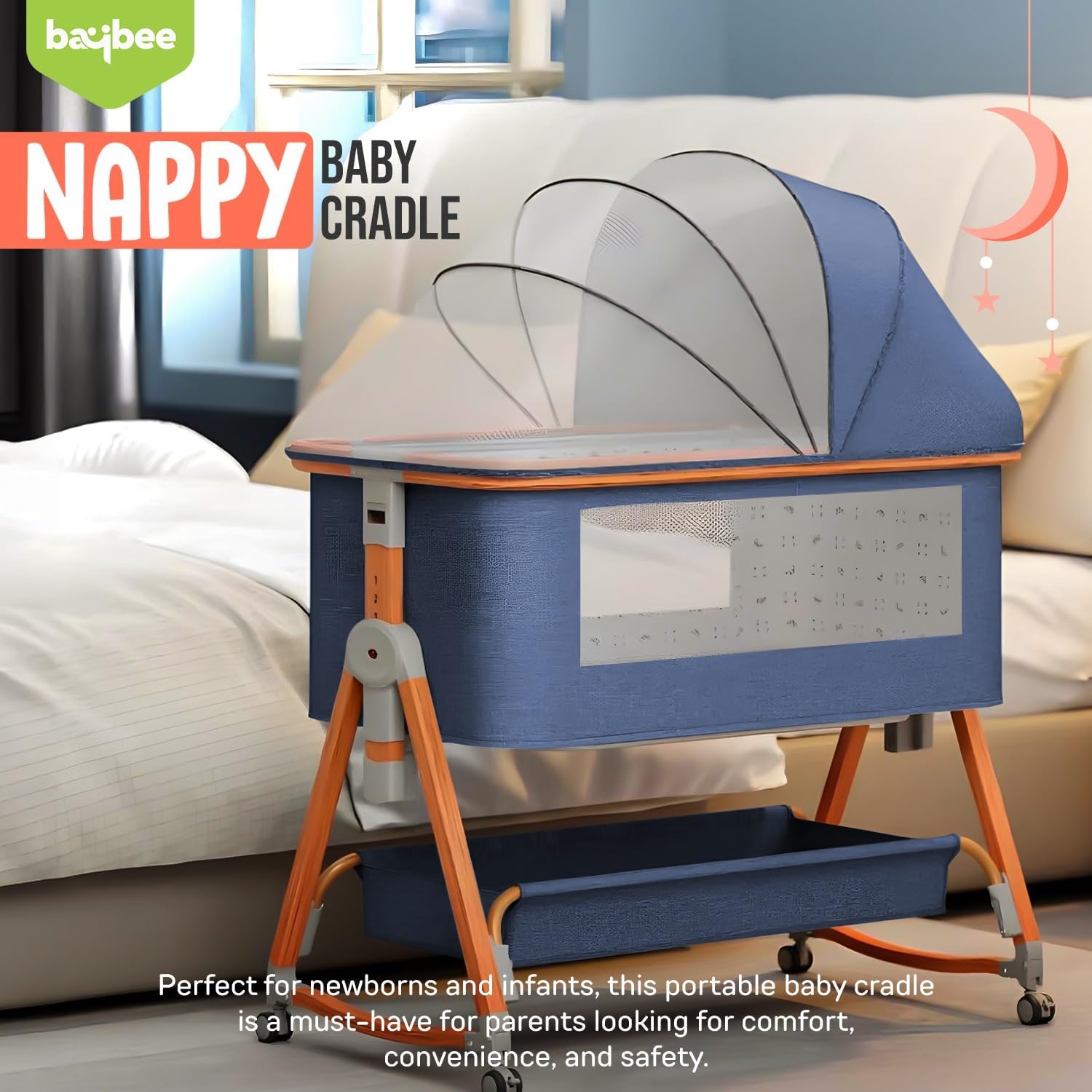 Baybee 3 in 1 Baby Bedside Crib Cradle with 6 Height Adjustments - Image 2