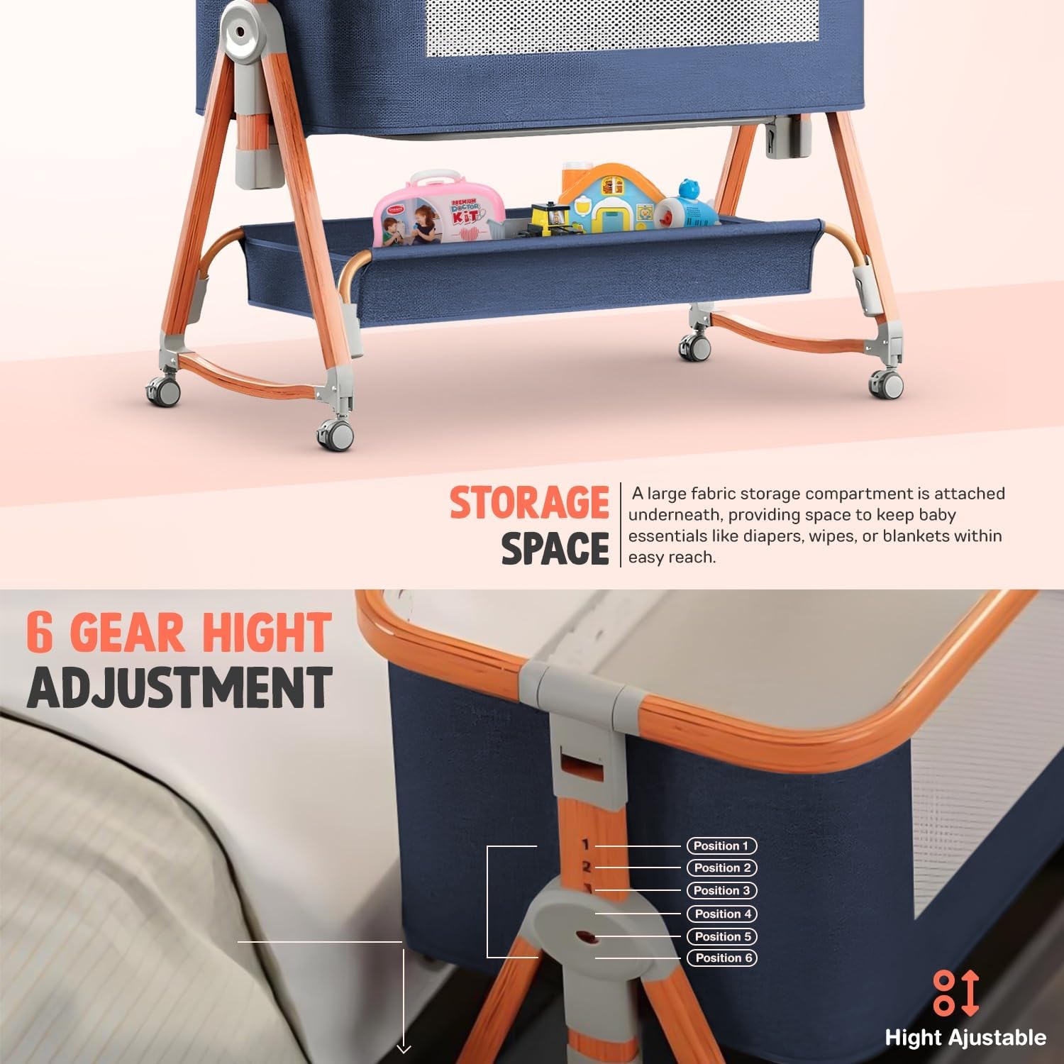 Baybee 3 in 1 Baby Bedside Crib Cradle with 6 Height Adjustments - Image 4