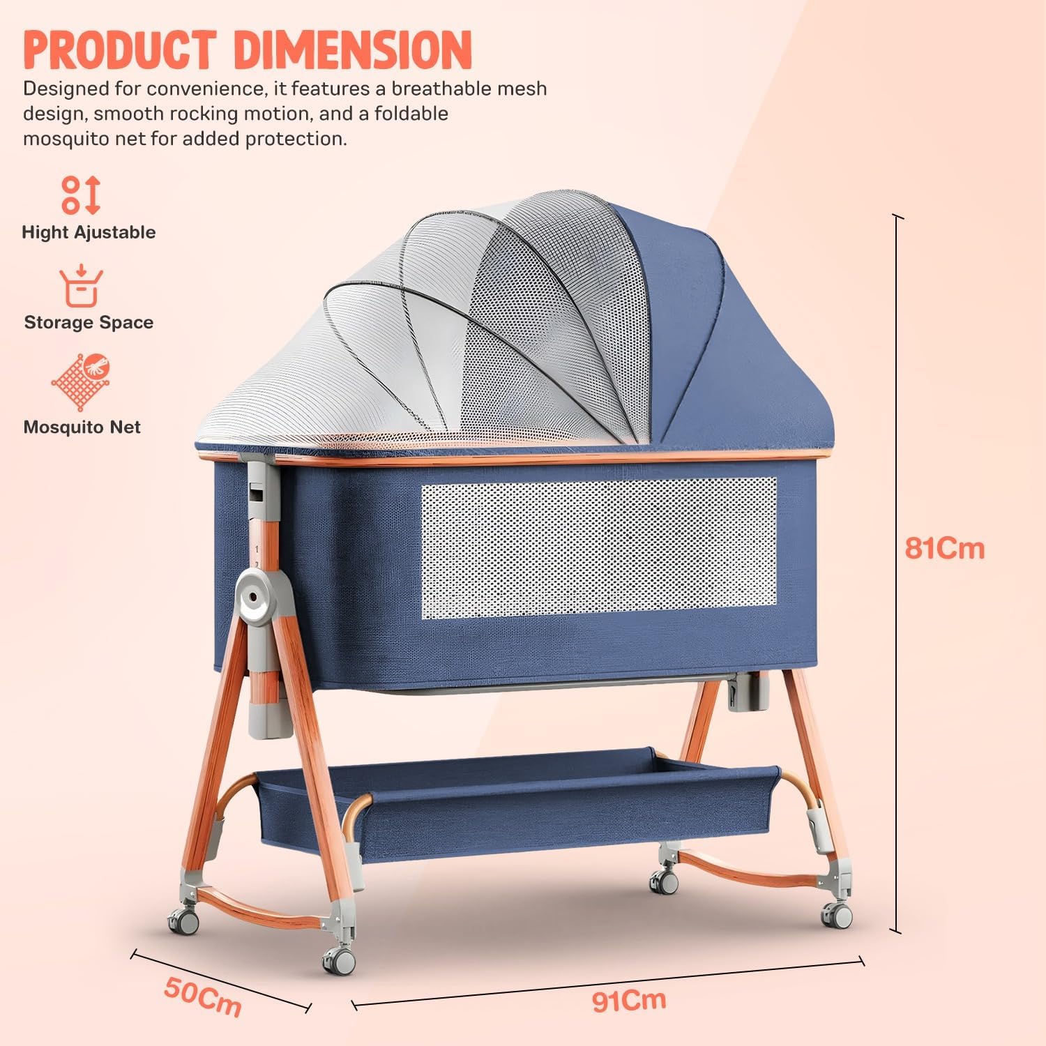 Baybee 3 in 1 Baby Bedside Crib Cradle with 6 Height Adjustments - Image 7