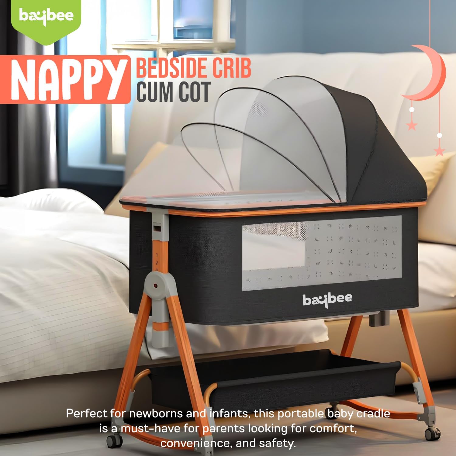 Baybee 3 in 1 Baby Bedside Crib Cradle with 6 Height Adjustments - Image 8