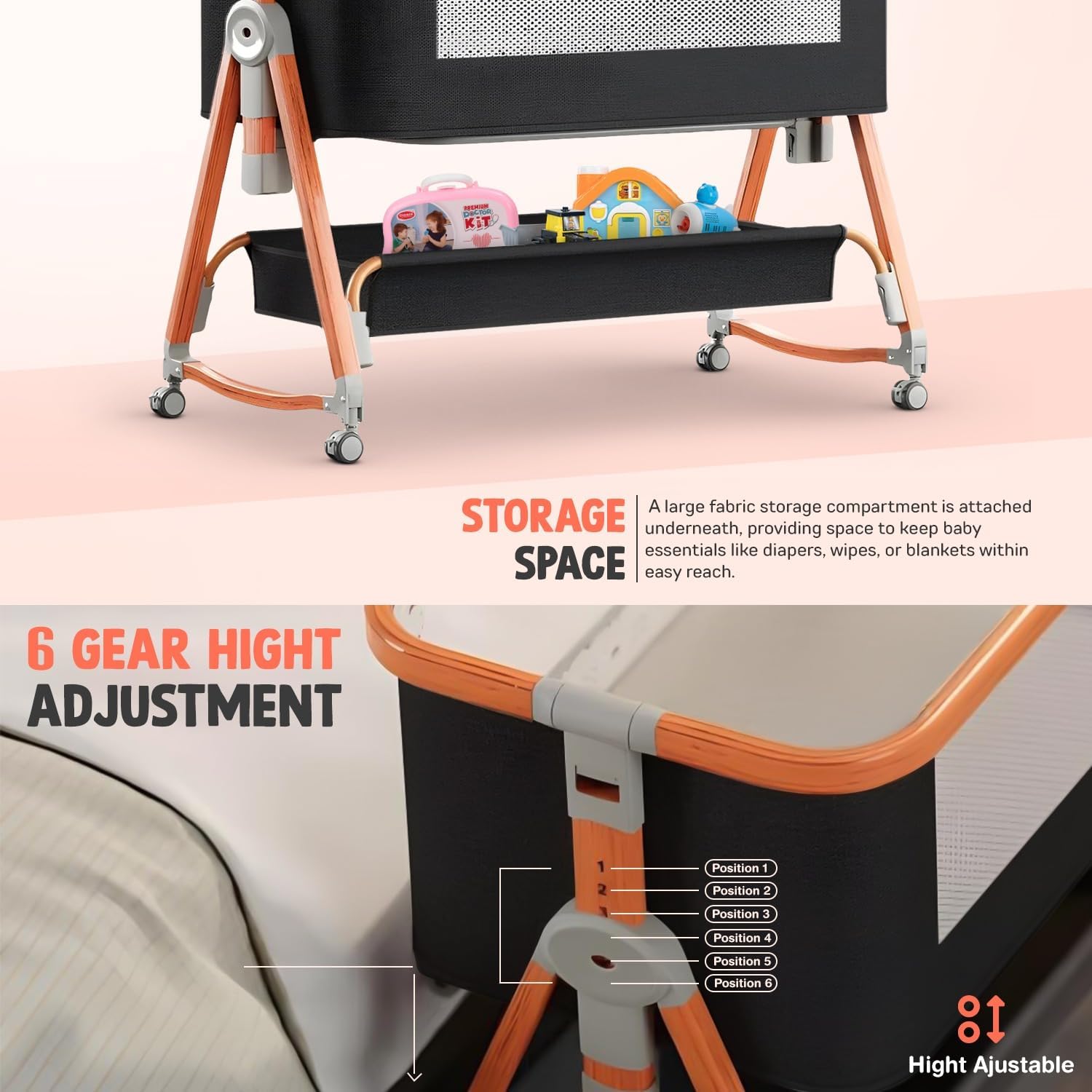 Baybee 3 in 1 Baby Bedside Crib Cradle with 6 Height Adjustments - Image 11