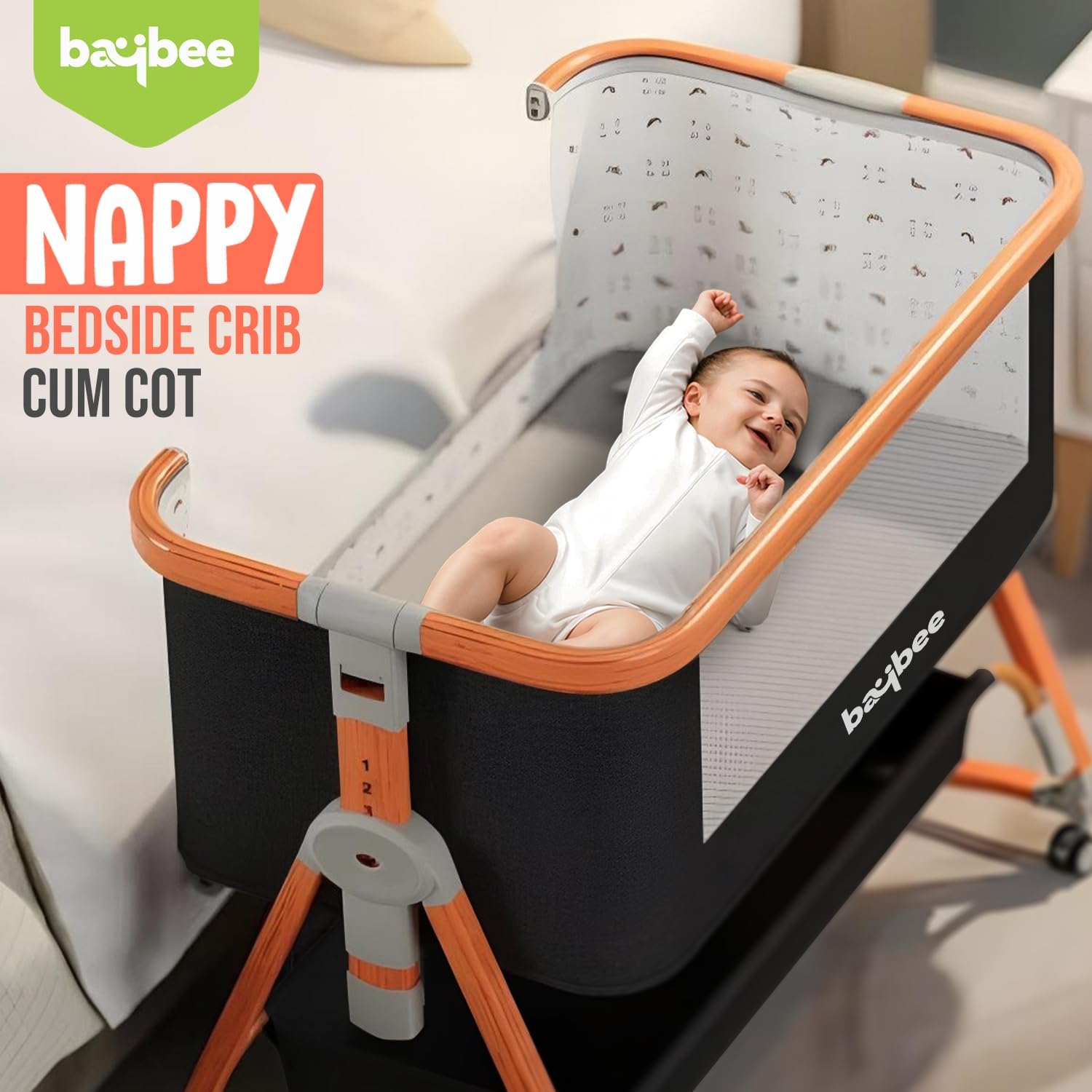 Baybee 3 in 1 Baby Bedside Crib Cradle with 6 Height Adjustments - Image 12