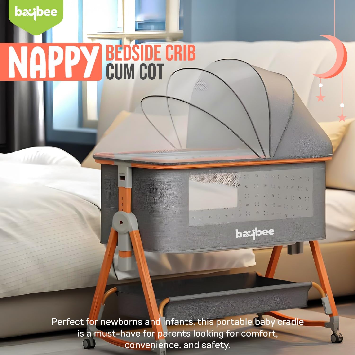 Baybee 3 in 1 Baby Bedside Crib Cradle with 6 Height Adjustments - Image 16
