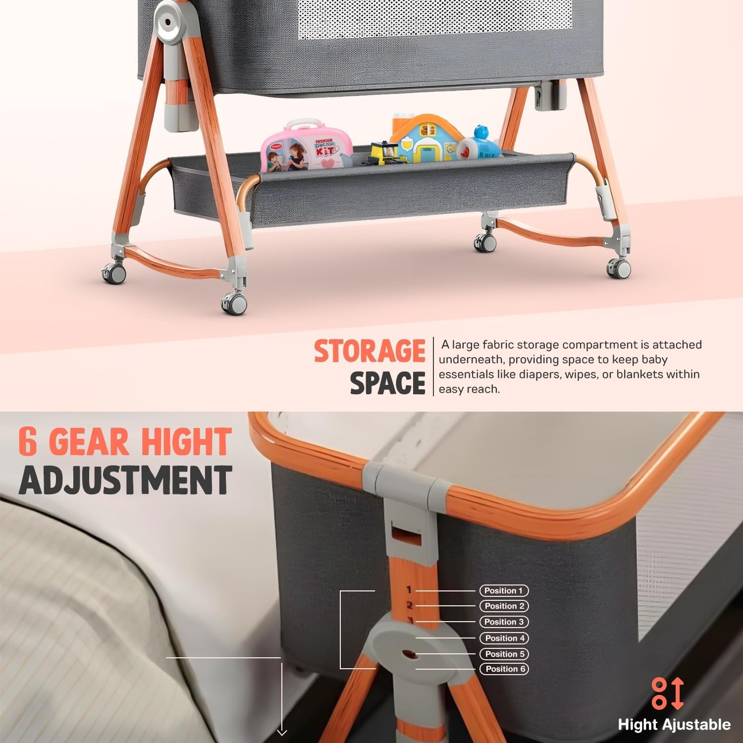 Baybee 3 in 1 Baby Bedside Crib Cradle with 6 Height Adjustments - Image 18