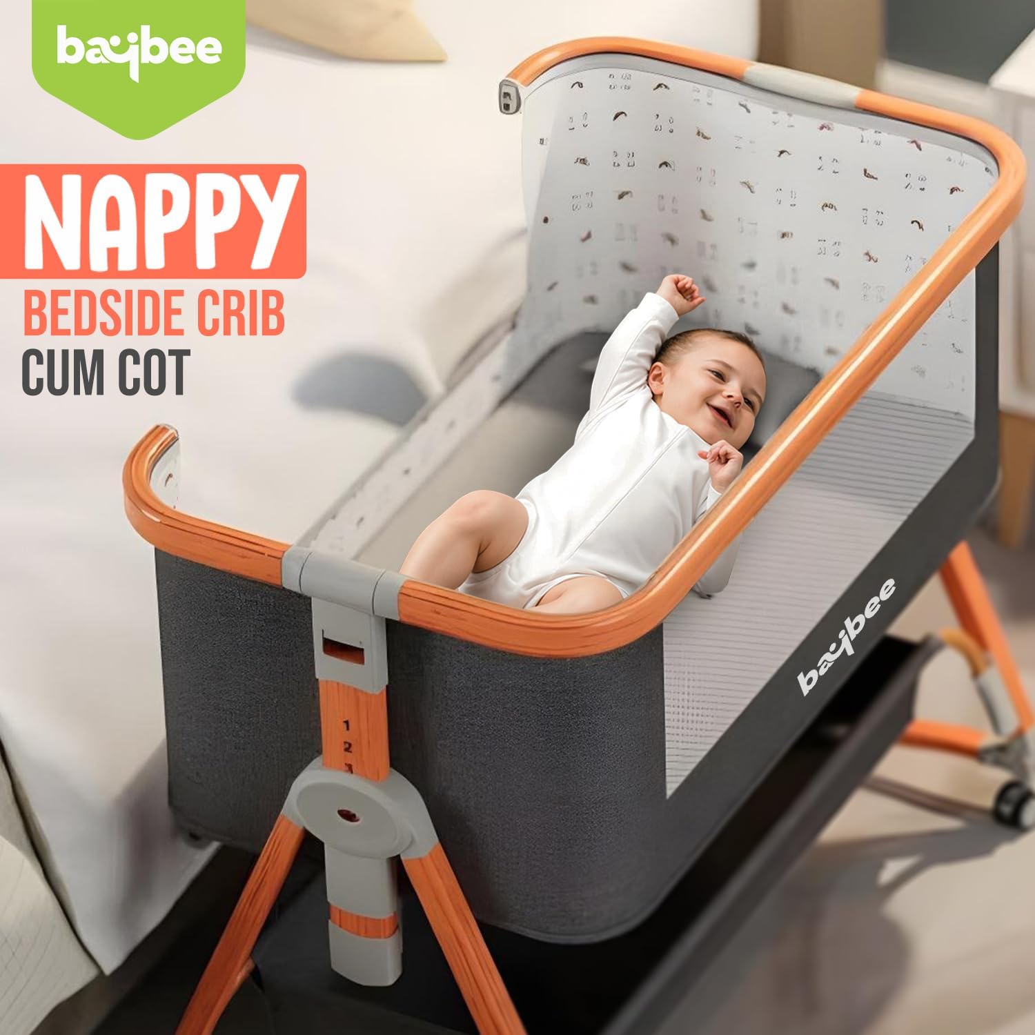 Baybee 3 in 1 Baby Bedside Crib Cradle with 6 Height Adjustments - Image 19