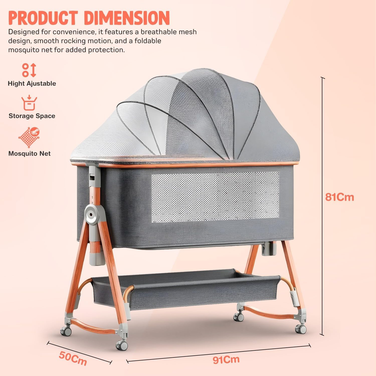 Baybee 3 in 1 Baby Bedside Crib Cradle with 6 Height Adjustments - Image 21