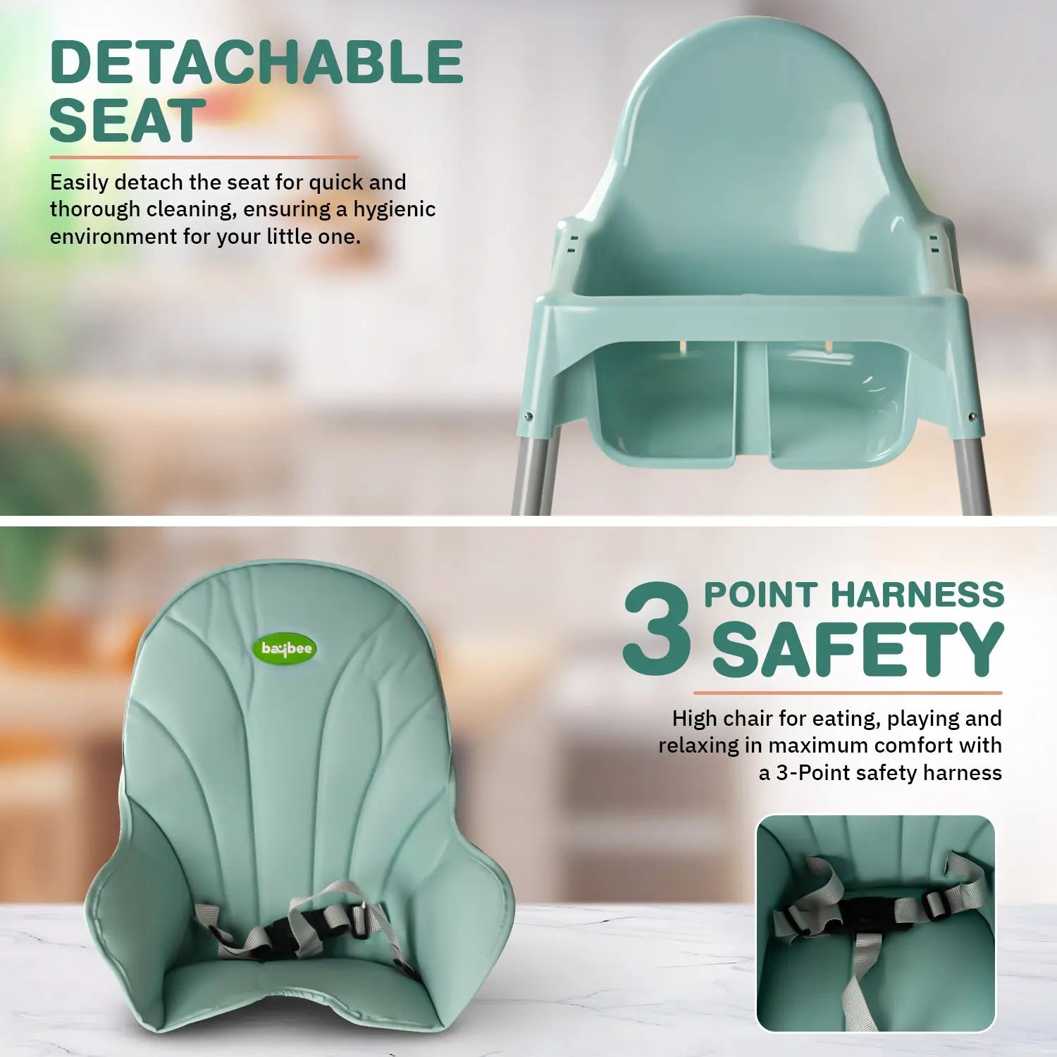 Baybee Clento 2 in 1 Baby High Chair for Kids with 2 Height Adjustable, 3 Point Safety Belt - Image 4