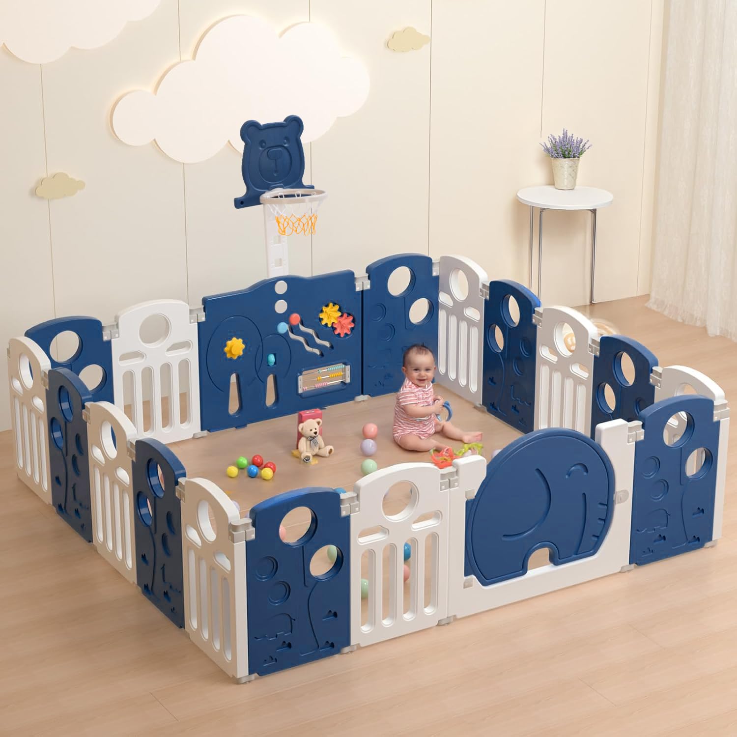Baybee 2-in-1 Foldable Kids Playpen with Basketball Set & Sensory Toys Baby Play Yard with Safety Lock for 0-5 Years (18 Panel) - Image 1