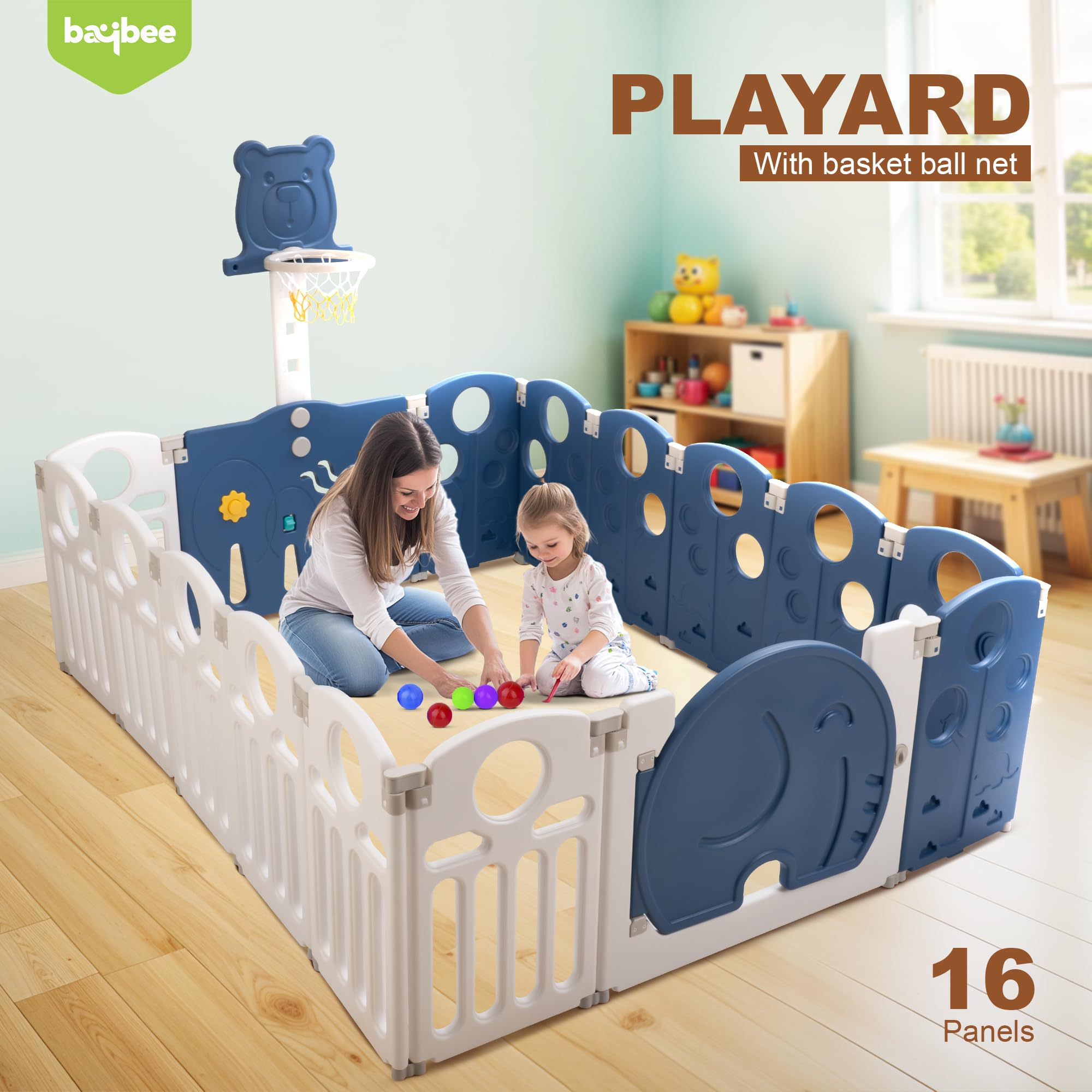 Baybee 2-in-1 Foldable Kids Playpen with Basketball Set & Sensory Toys Baby Play Yard with Safety Lock for 0-5 Years (18 Panel) - Image 2