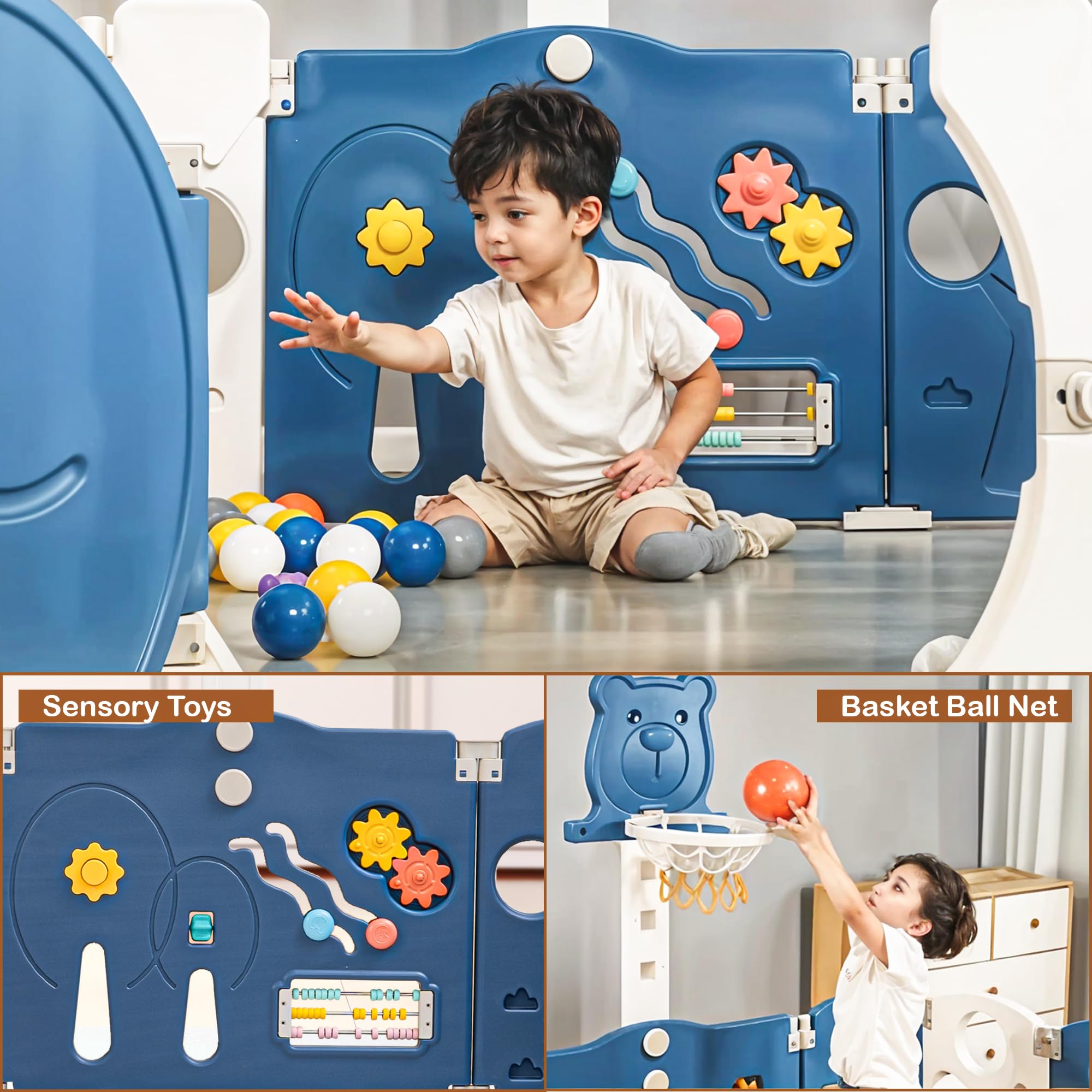 Baybee 2-in-1 Foldable Kids Playpen with Basketball Set & Sensory Toys Baby Play Yard with Safety Lock for 0-5 Years (18 Panel) - Image 4
