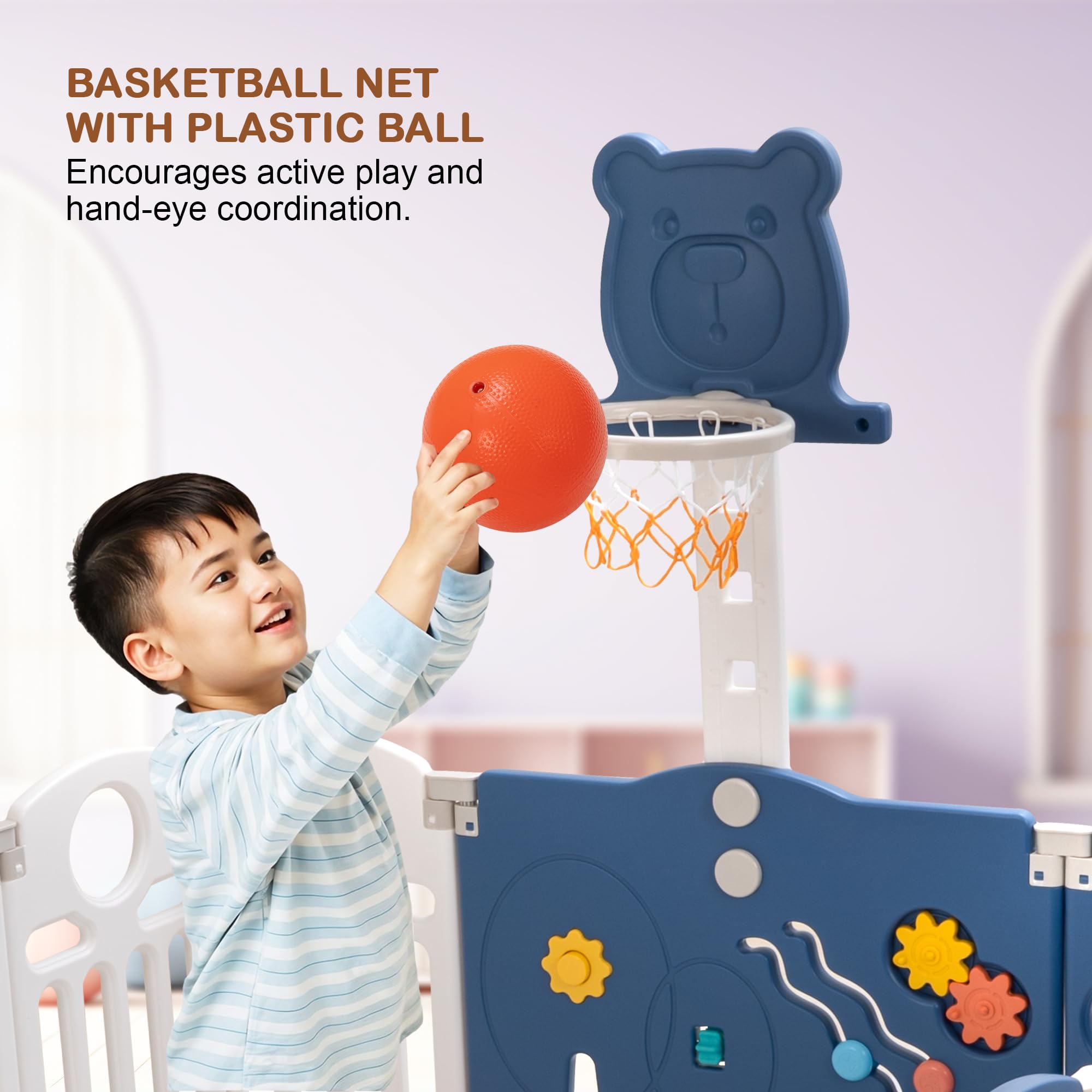 Baybee 2-in-1 Foldable Kids Playpen with Basketball Set & Sensory Toys Baby Play Yard with Safety Lock for 0-5 Years (18 Panel) - Image 5