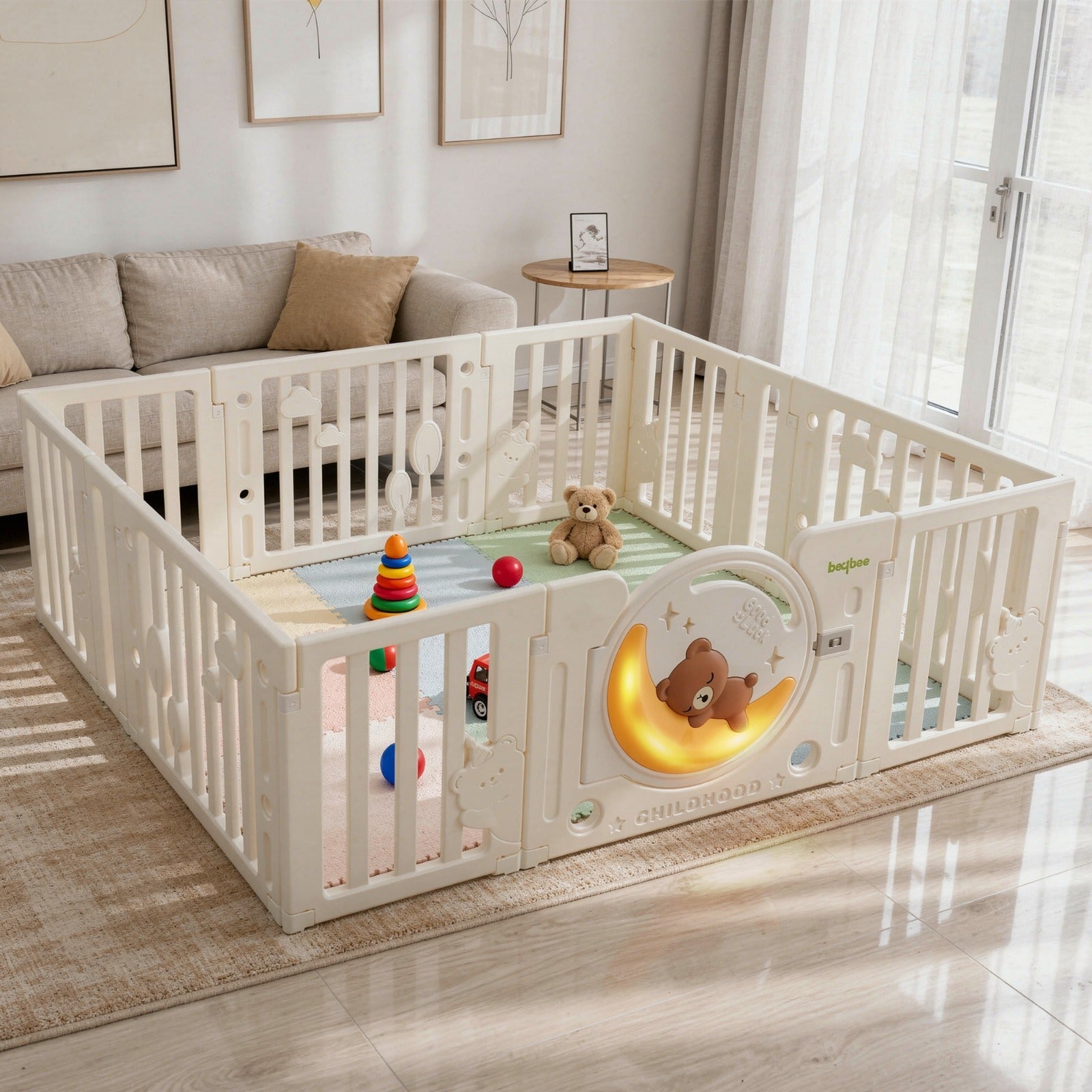 Baybee_2-in-1_Moon_Foldable_Baby_Playpen_with_Glowing_Light_01 Baybee 2-in-1 Moon Foldable Baby Playpen with Glowing Light & Basketball Set Safety Lock Play Yard for 0-5 Years (18 Panel) - Image 1