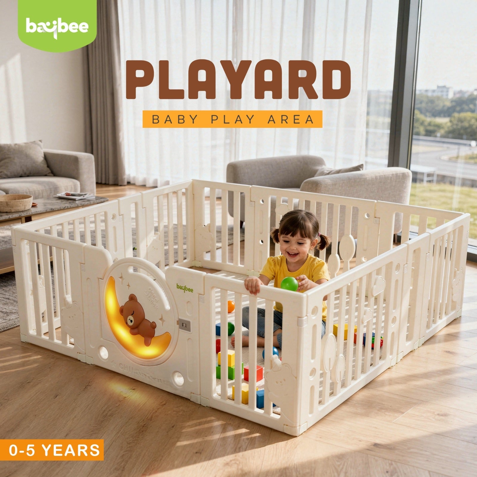 Baybee 2-in-1 Moon Foldable Baby Playpen with Glowing Light & Basketball Set Safety Lock Play Yard for 0-5 Years  (18 Panel) - Image 2