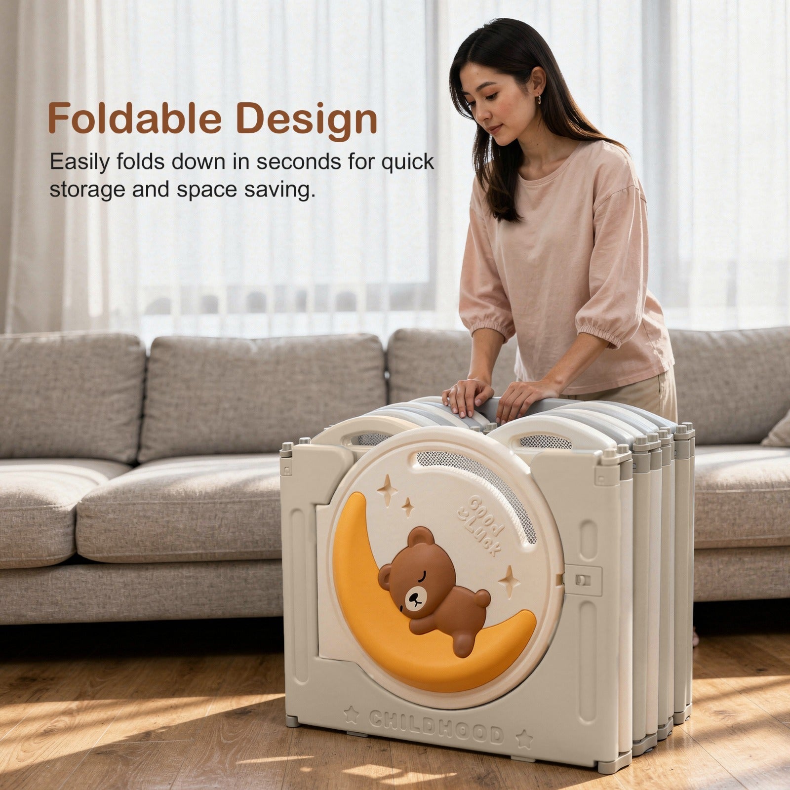 Baybee 2-in-1 Moon Foldable Baby Playpen with Glowing Light & Basketball Set Safety Lock Play Yard for 0-5 Years  (18 Panel) - Image 6