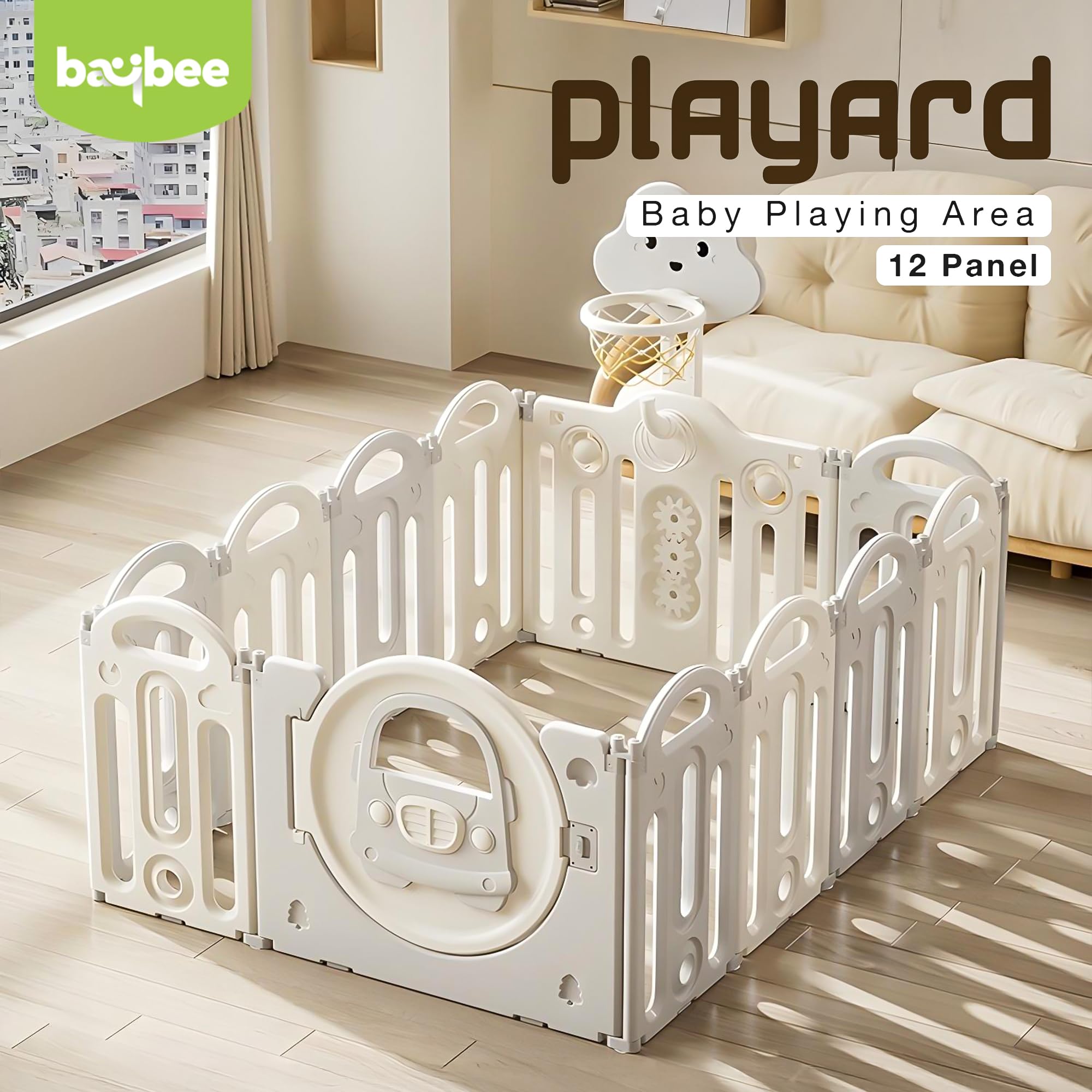 Baybee Kids Playpen for Babies Foldable Baby Play Area Indoor Setup with Basket Ball Hoop (12 Panels) - Image 2