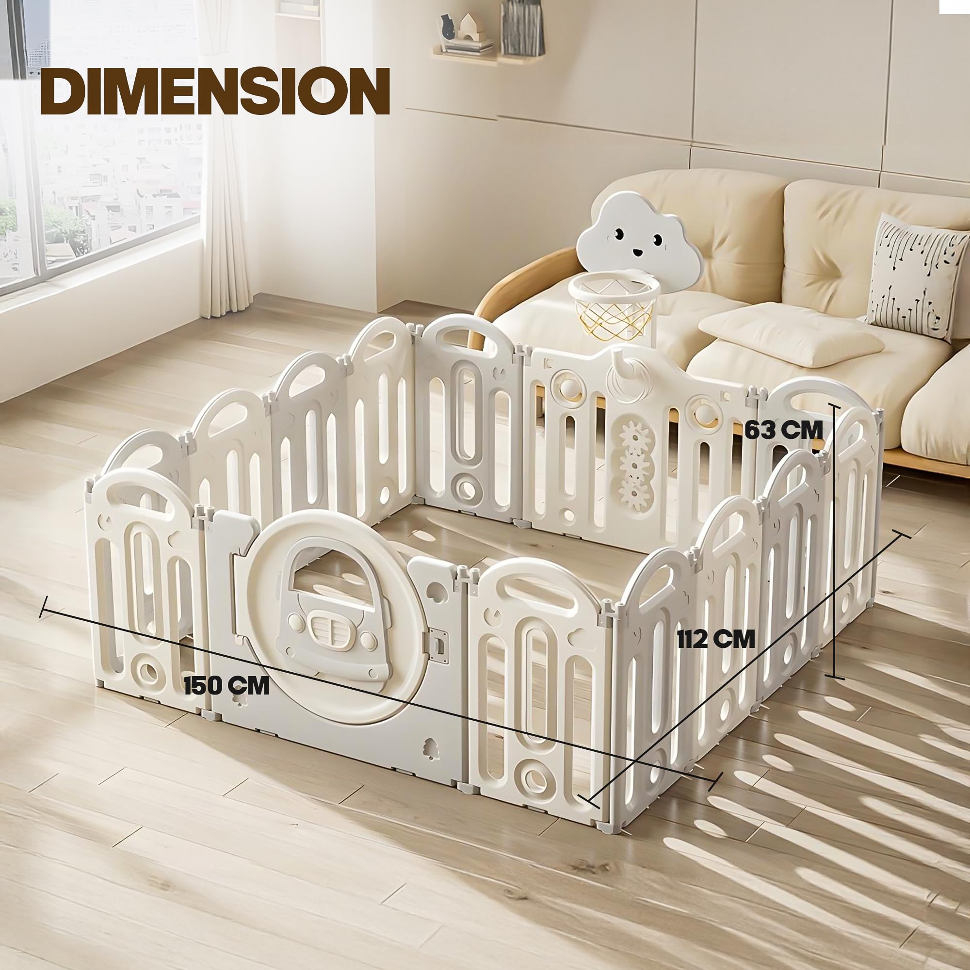 Baybee Kids Playpen for Babies Foldable Baby Play Area Indoor Setup with Basket Ball Hoop (12 Panels) - Image 7