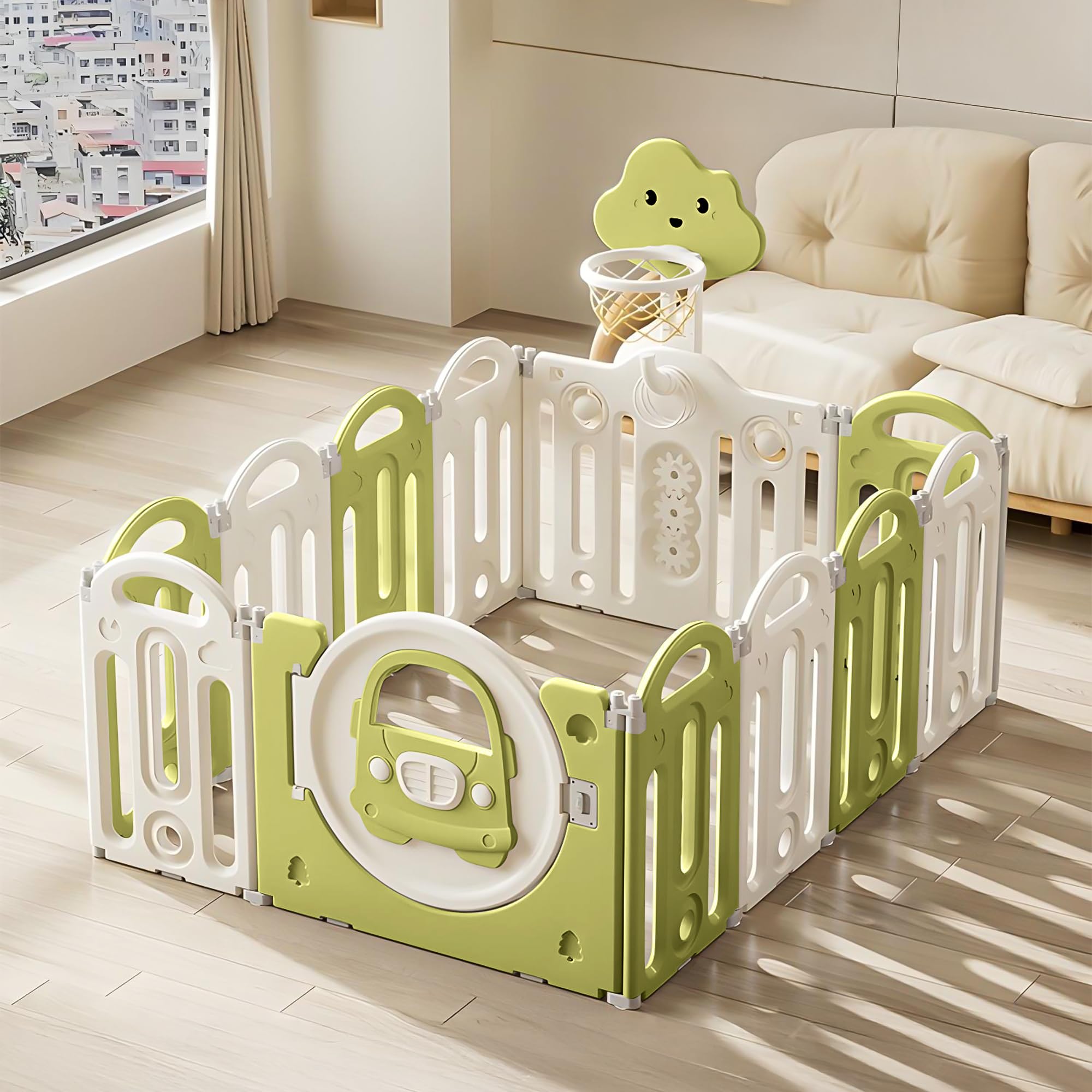 Baybee Kids Playpen for Babies Foldable Baby Play Area Indoor Setup with Basket Ball Hoop (12 Panels) - Image 8
