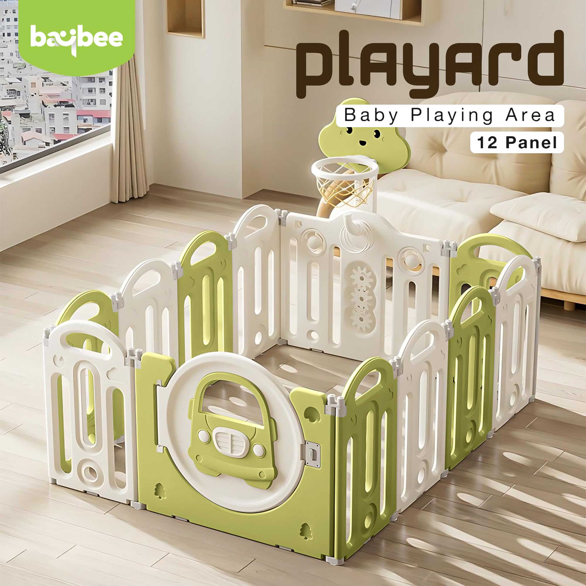 Baybee Kids Playpen for Babies Foldable Baby Play Area Indoor Setup with Basket Ball Hoop (12 Panels) - Image 9