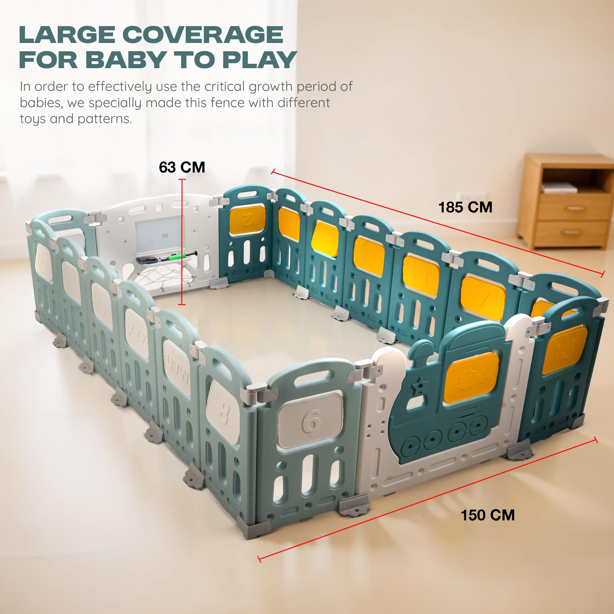 Baybee Train Kids Playpen for Babies Foldable Baby Play Area Indoor Setup with Safety Lock (18 Panels) - Image 7