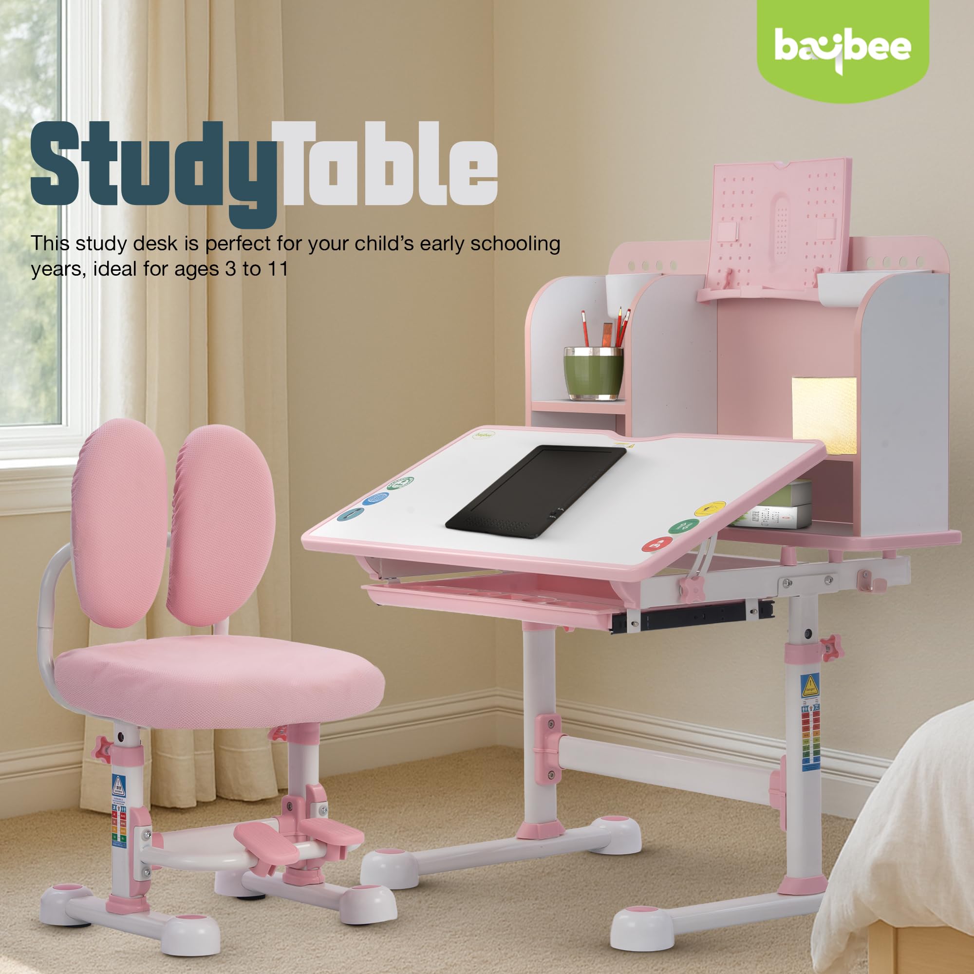 Baybee Kids Study Table & Chair Set for Height Adjustable Ergonomic Desk with Book Holder - Image 2