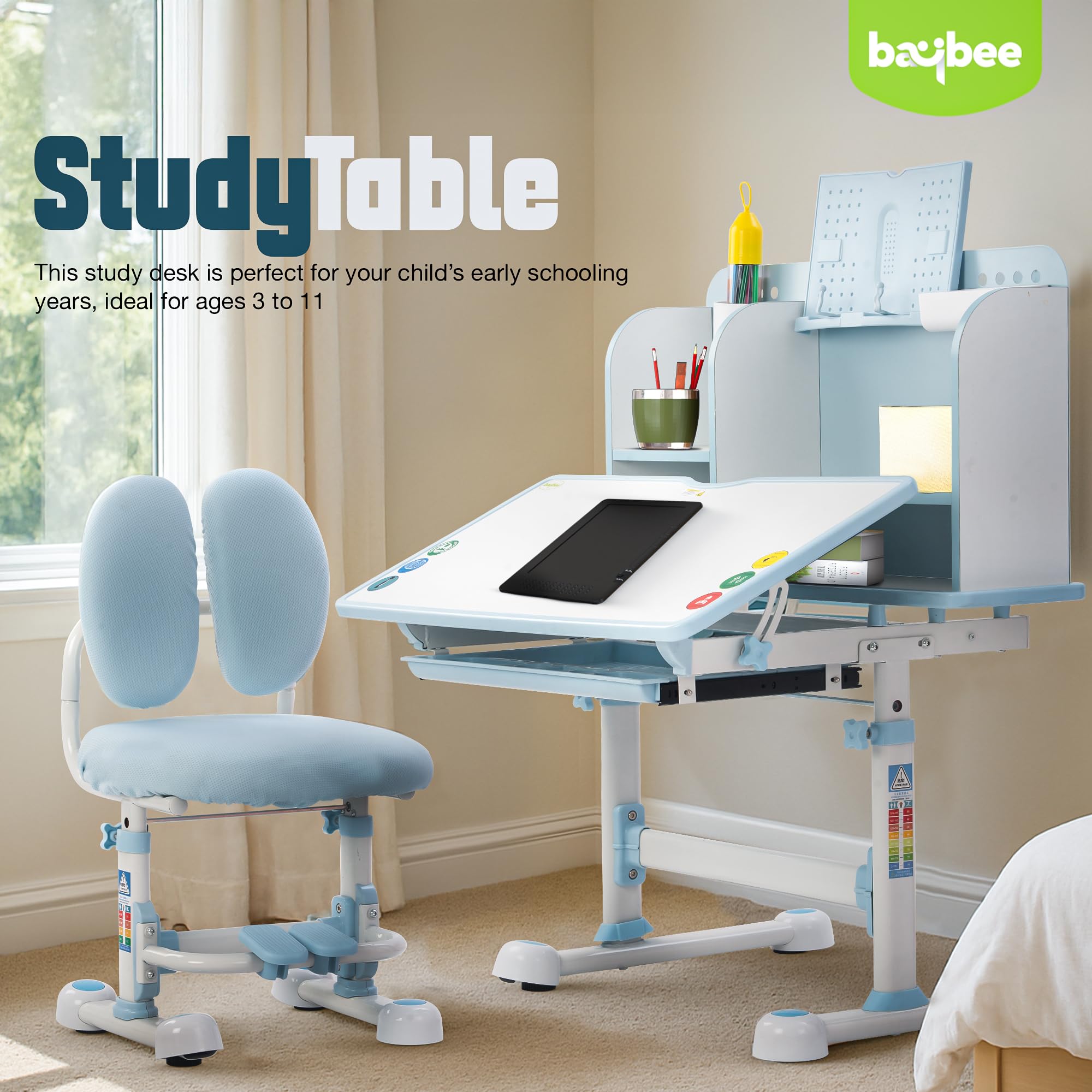 Baybee Kids Study Table & Chair Set for Height Adjustable Ergonomic Desk with Book Holder - Image 11