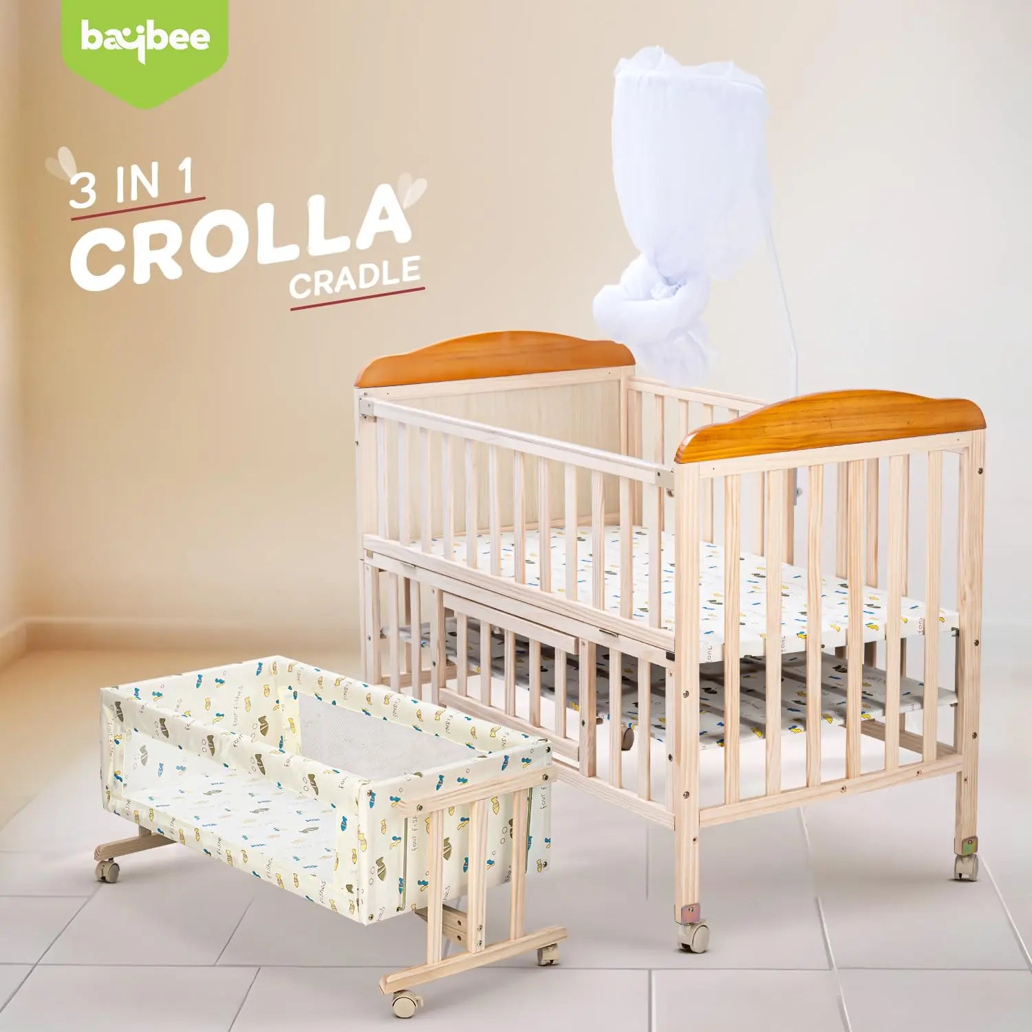 Baybee Crolla 3 in 1 Wooden Cradle for New Born Baby - Image 9